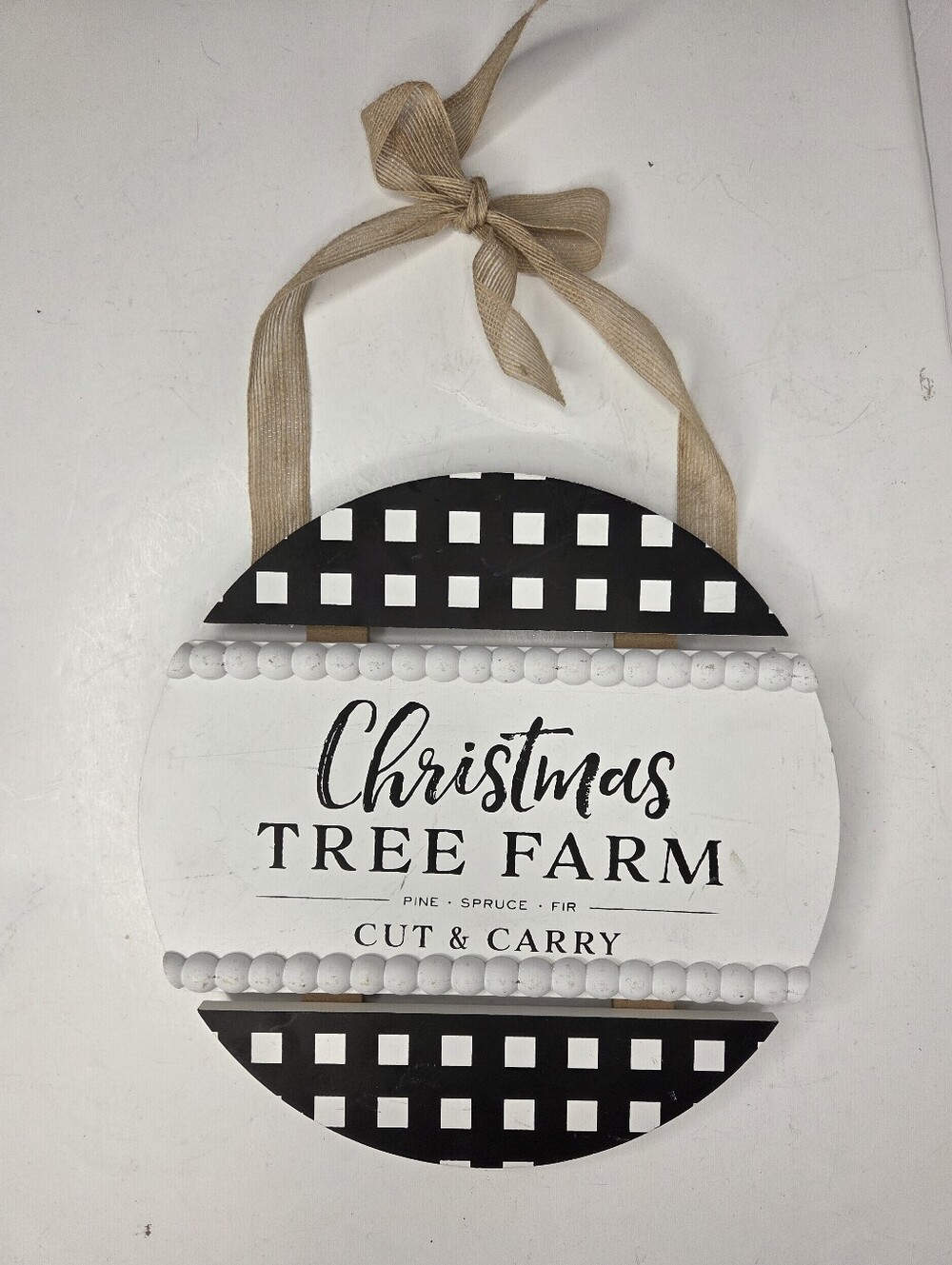 Christmas Tree Farm Round Wooden Beaded Rustic Buffalo Check Wall Decor